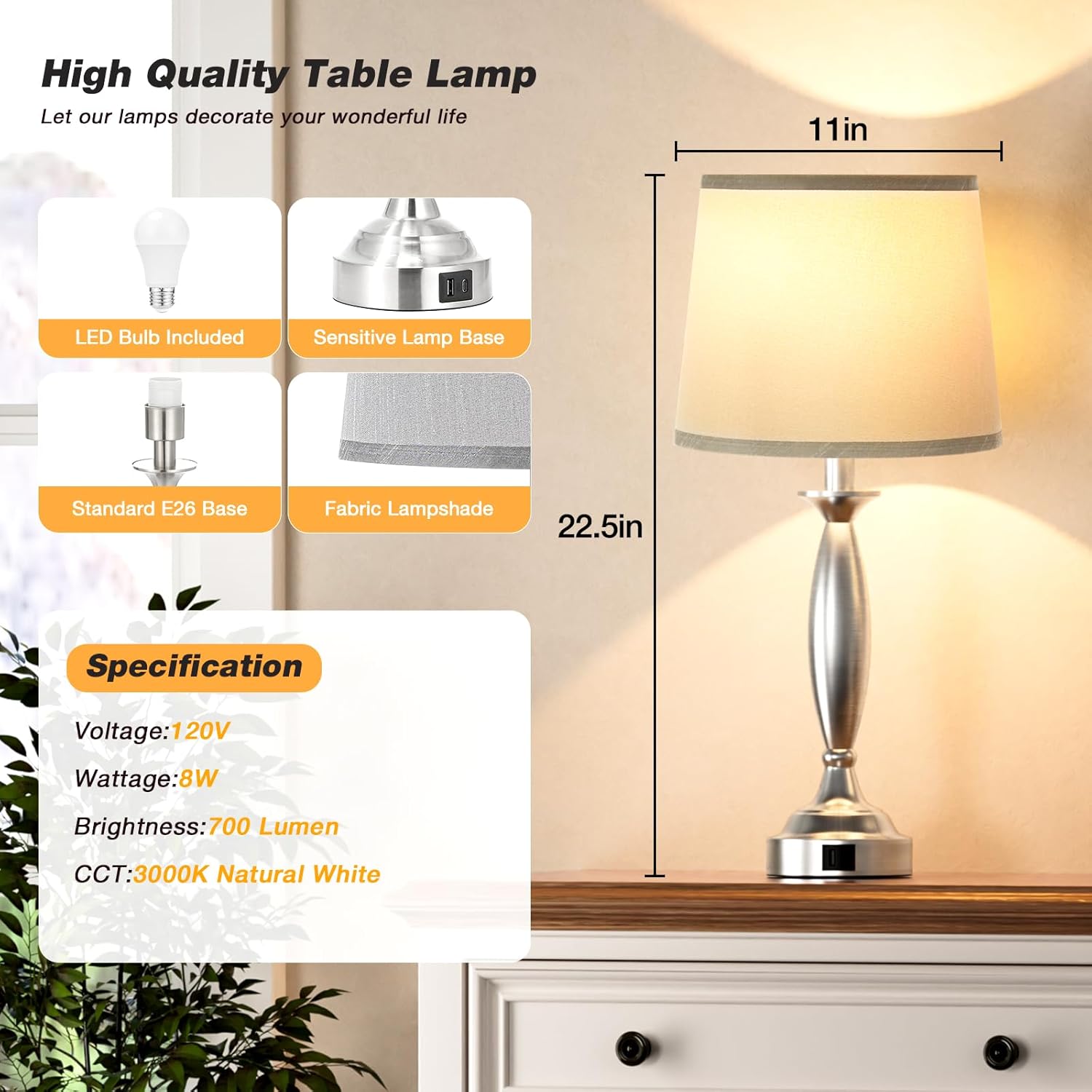 Bedrooms Touch Control Bedside Lamp with USB C+A, 3 Way Dimmable Nightstand Lamps with USB Port, Brushed Nickel Table Lamp for Living Room Guest Room Bed Side End Table, Set of 2 - Image 6