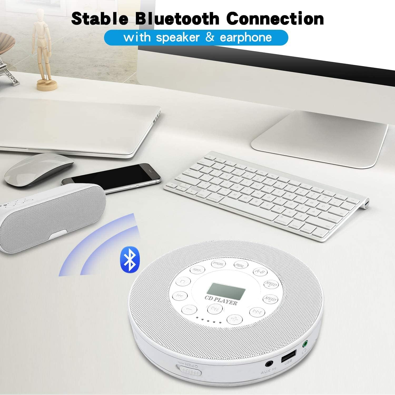 Lukasa Portable Bluetooth CD Player Built-in Speaker Stereo, Personal MP3 Players Rechargeable Compact Car Disc CD Music Player USB Play Anti-Shock Protection - Image 2