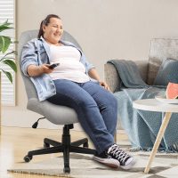 CLATINA Criss Cross Chair - Extra Wide Seat, Big and Tall Cloth Fabric Armless Office Chair with Wheels, Heavy Duty Desk Chair with Curved Backrest, Plus Size Cross Legged Vanity Chairs, Grey, 400LBS - Image 2