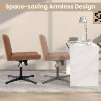 Giantex Criss Cross Chair, PU Leather Cross Legged Office Chair No Wheels, Height-Adjustable Swivel Vanity Chair with U-Shaped Seat, Armless Wide Desk Chair for Home, Office, Make Up, Brown - Image 9