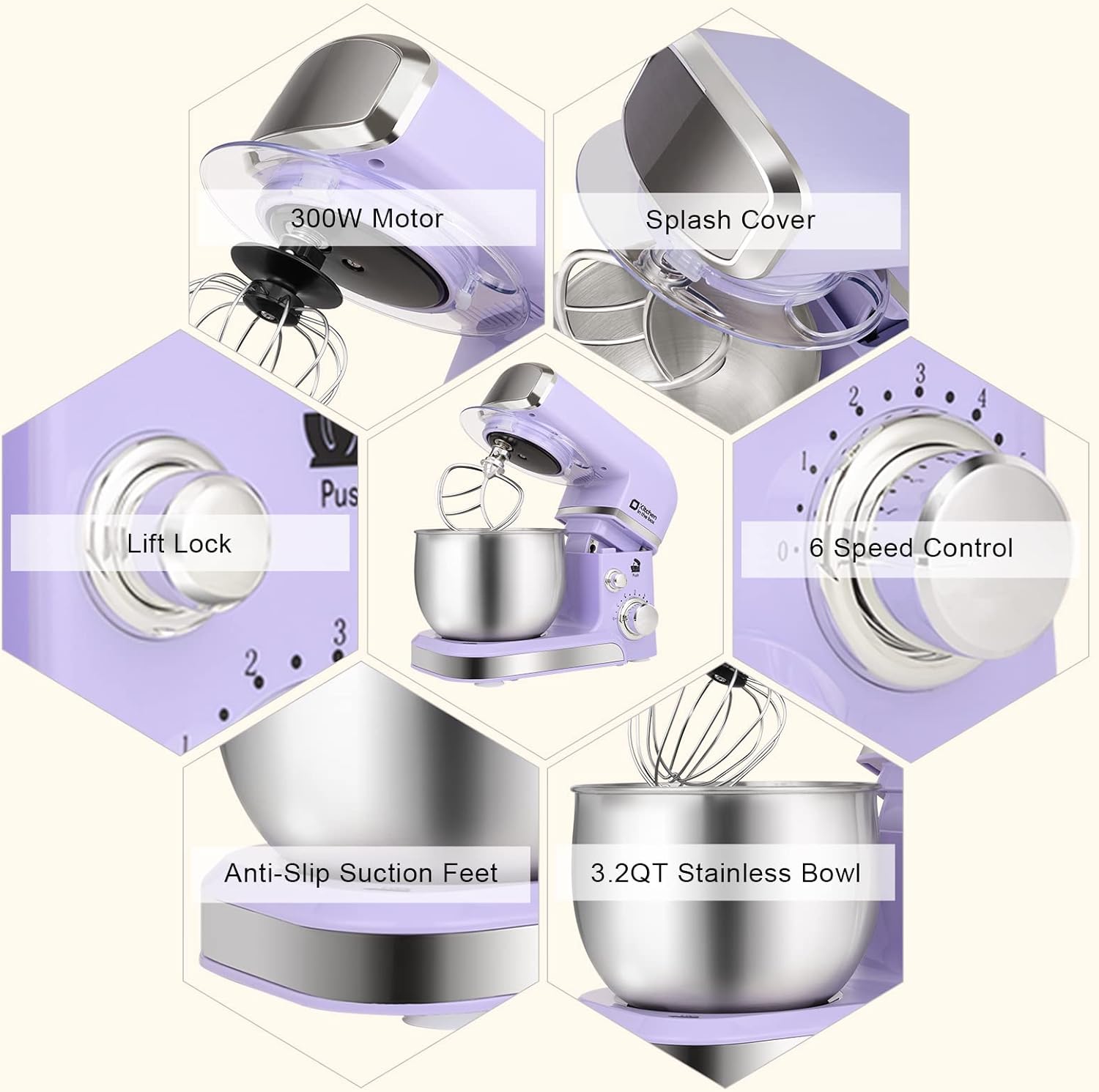 Stand Mixer, Kitchen in the box 3.2Qt Small Electric Food Mixer,6 Speeds Portable Lightweight Kitchen Mixer for Daily Use with Egg Whisk,Dough Hook,Flat Beater (Purple) - Image 5