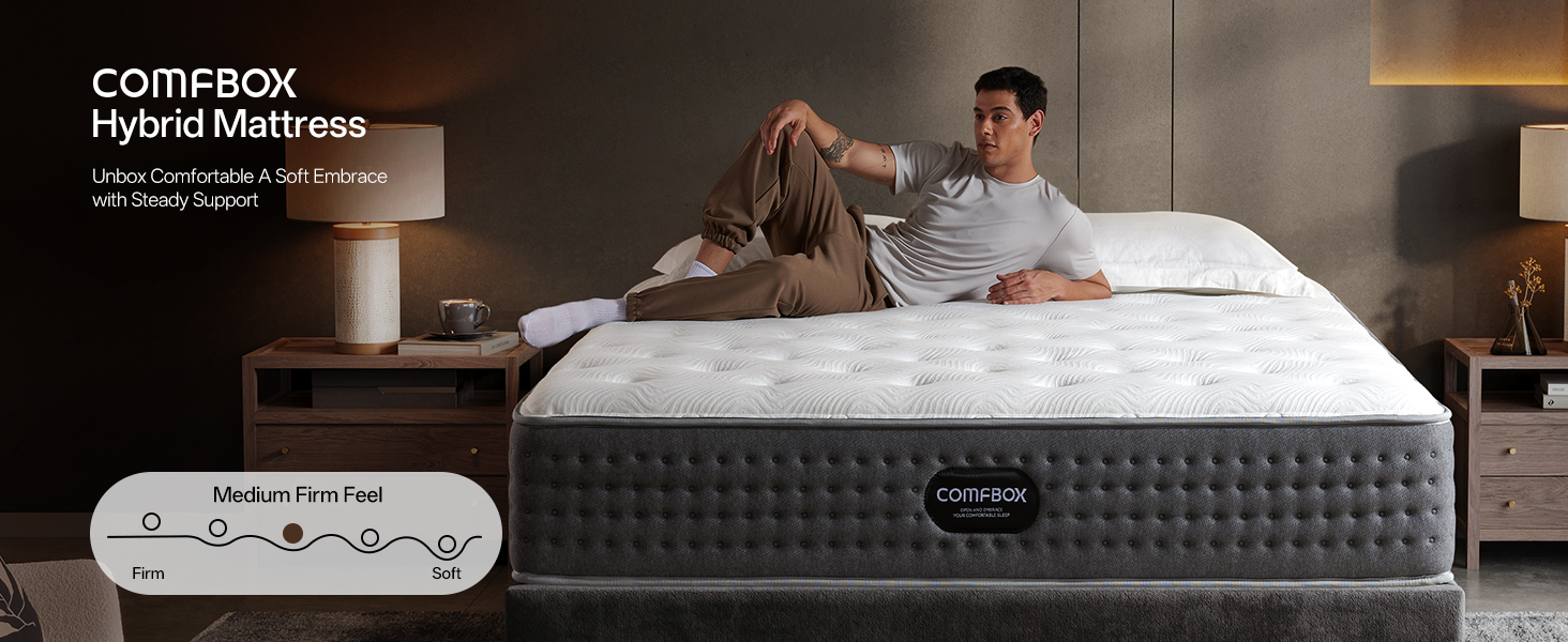 queen 14 inch hybrid mattress, memory foam, medium firm support, mattress in a box