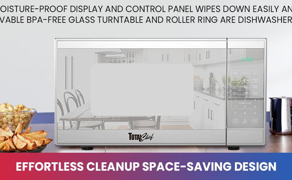 1100W silver Total Chef microwave with text below reading:Effortless cleanup, space-saving design
