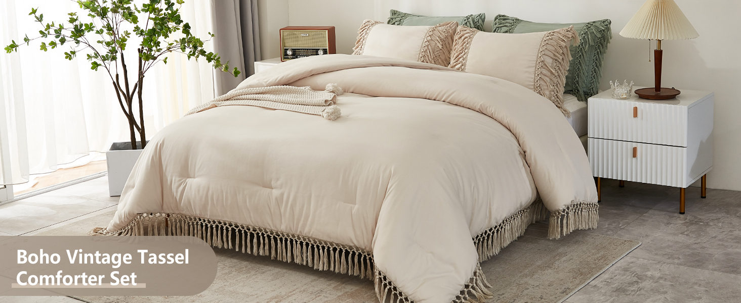 Boho Beige Tassel Comforter Set