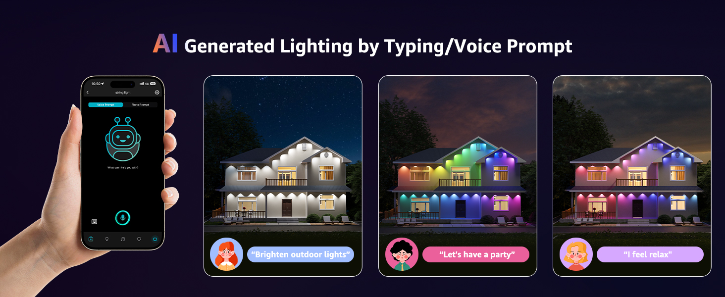 Smartphone app interface showing AI-generated lighting controls for house exteriors, with before and after images.