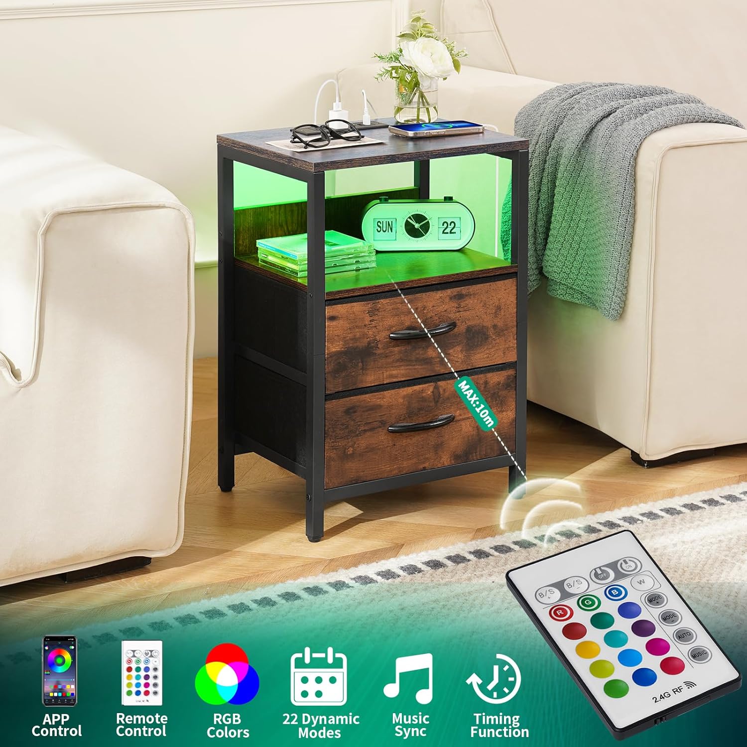 Yoobure Nightstand with Charging Station, LED Night Stand with Fabric Drawers and Storage Shelf for Bedroom, Nightstands Bedside Tables with USB Ports & Outlets, Small Night Stands, Bed Side Table - Image 5