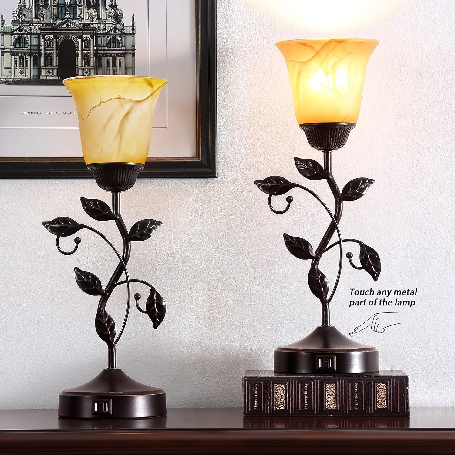 Touch Control Table Lamp with 2 USB Charging Ports, 3-Way Dimmable Bedside Nightstand Lamps, Amber Glass Shade Vintage Rural Leaf Lamp for Living Room, Bedroom, Dresser, LED Bulb Included (Bronze) - Image 3