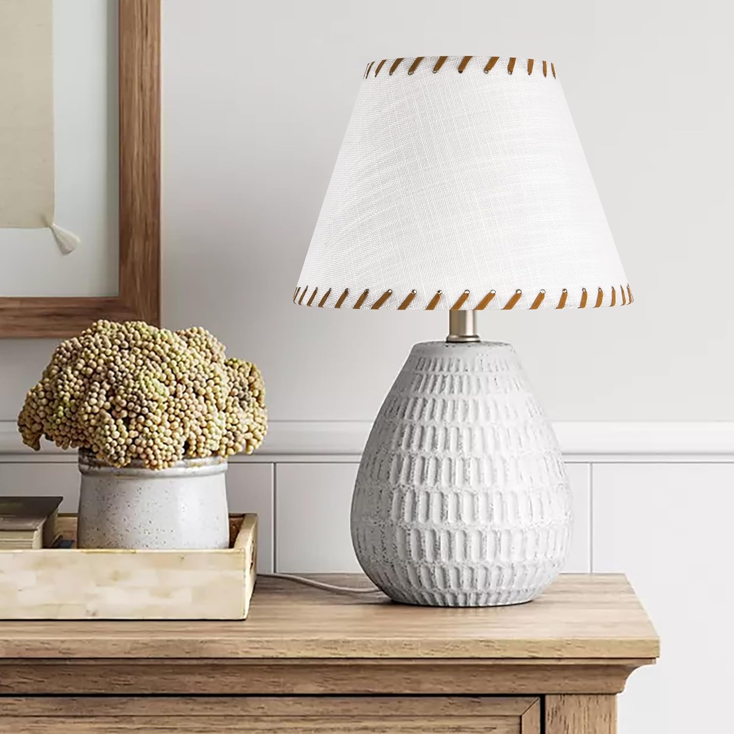 GO&SO 1 Pack White Linen Lampshades Natural Fabric Small Lamp Shades, 5"x9"x6.4" (Spider) with Stitched Brown Trim - Modern Rustic Bell Lamp Shades for Table Lamps, Wall Lamps, Bedroom, Living Room - Image 8