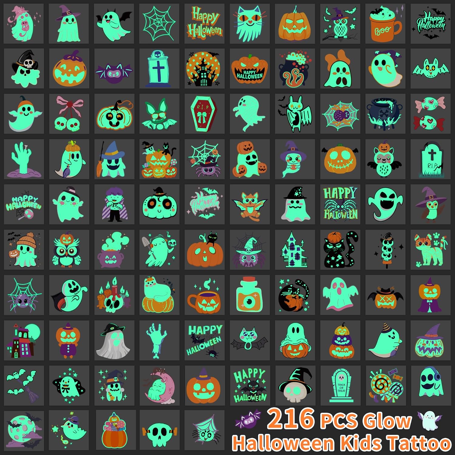 216 PCS Halloween Tattoos for kids, Halloween Party Favors Bulk Glow in The Dark Temporary Tattoos for Halloween Party Decorations, Halloween Gifts for kid for Halloween Makeup, Games - Image 3