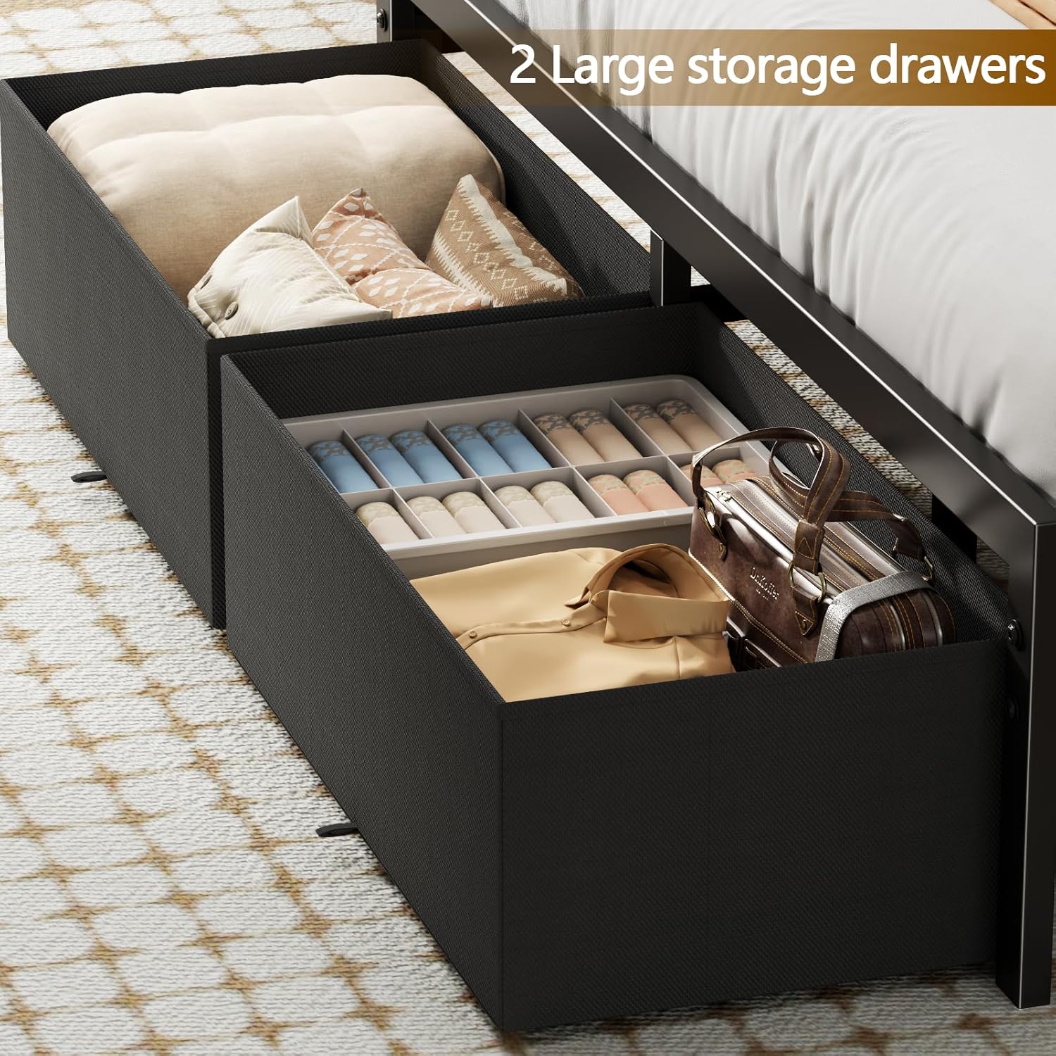 Furnulem Queen Size Bed Frame with Headboard, Platform Bed Frame Queen Size with 2 Storage Drawers and Charging Station & LED Lights, No Box Spring Needed, Noise Free - Image 6