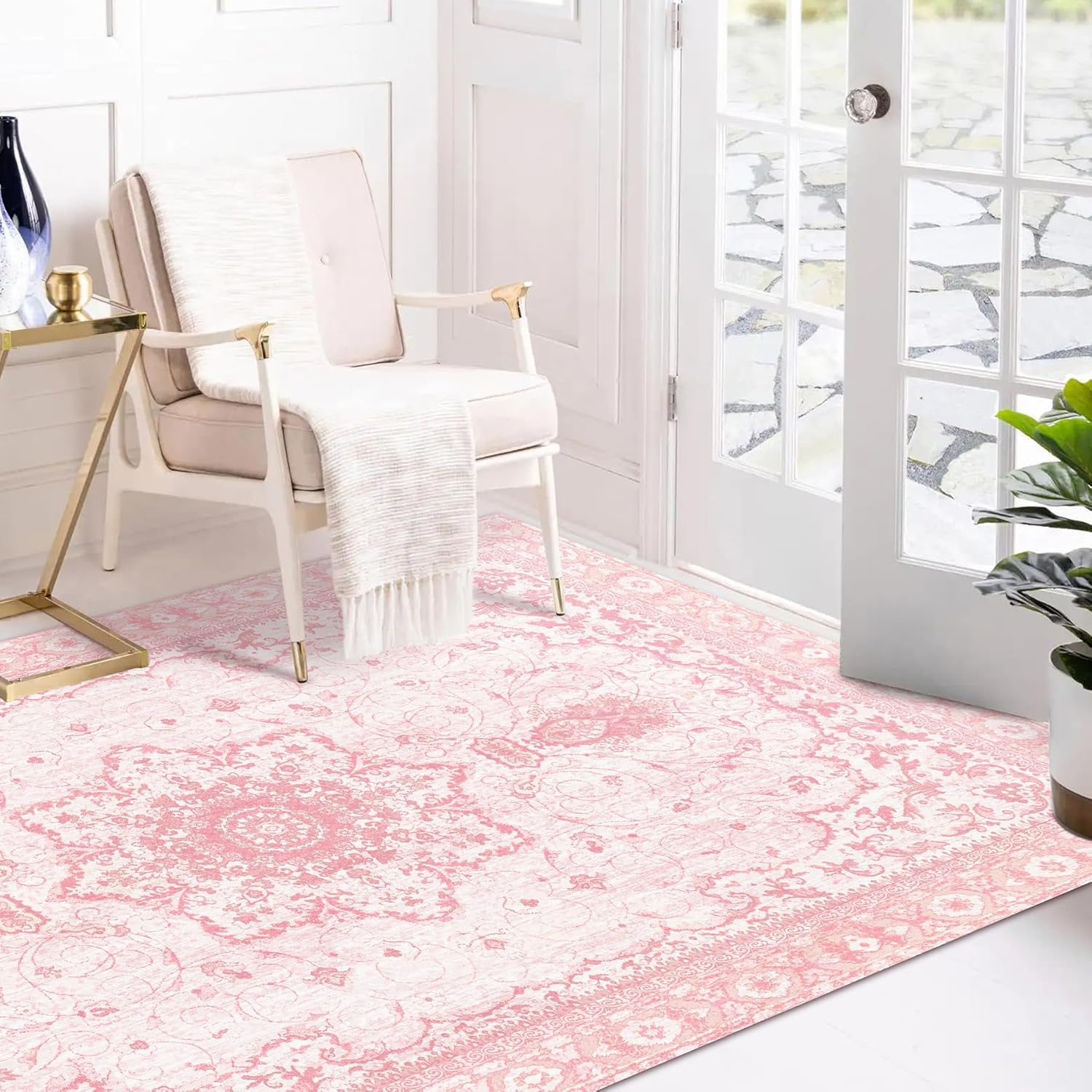 Area Rug - 5x7 Vintage Floral Honeycomb Non Slip Backing Carpet - Pink Softer Thicker Faux Wool Rug - Foldable & Machine Washable Rugs for Living Room Bedroom Nursery Room Home Office - Image 2
