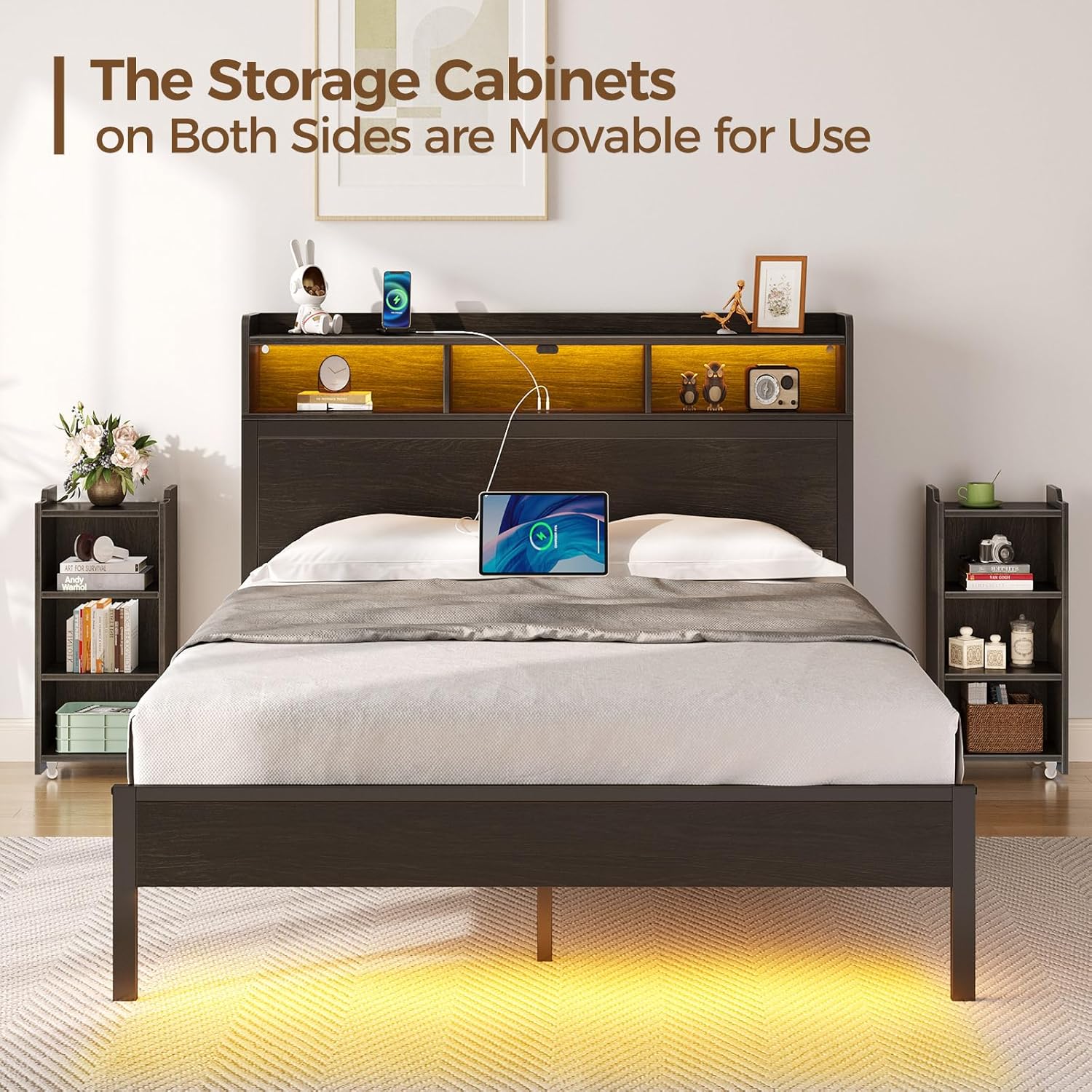Rolanstar Bed Frame Queen Size with Bookcase Storage Headboard, Slide Out Bedside Storage, Bed with Charging Station & LED Lights, Heavy Duty Metal Slats, No Box Spring Needed, Noise Free, Black - Image 4