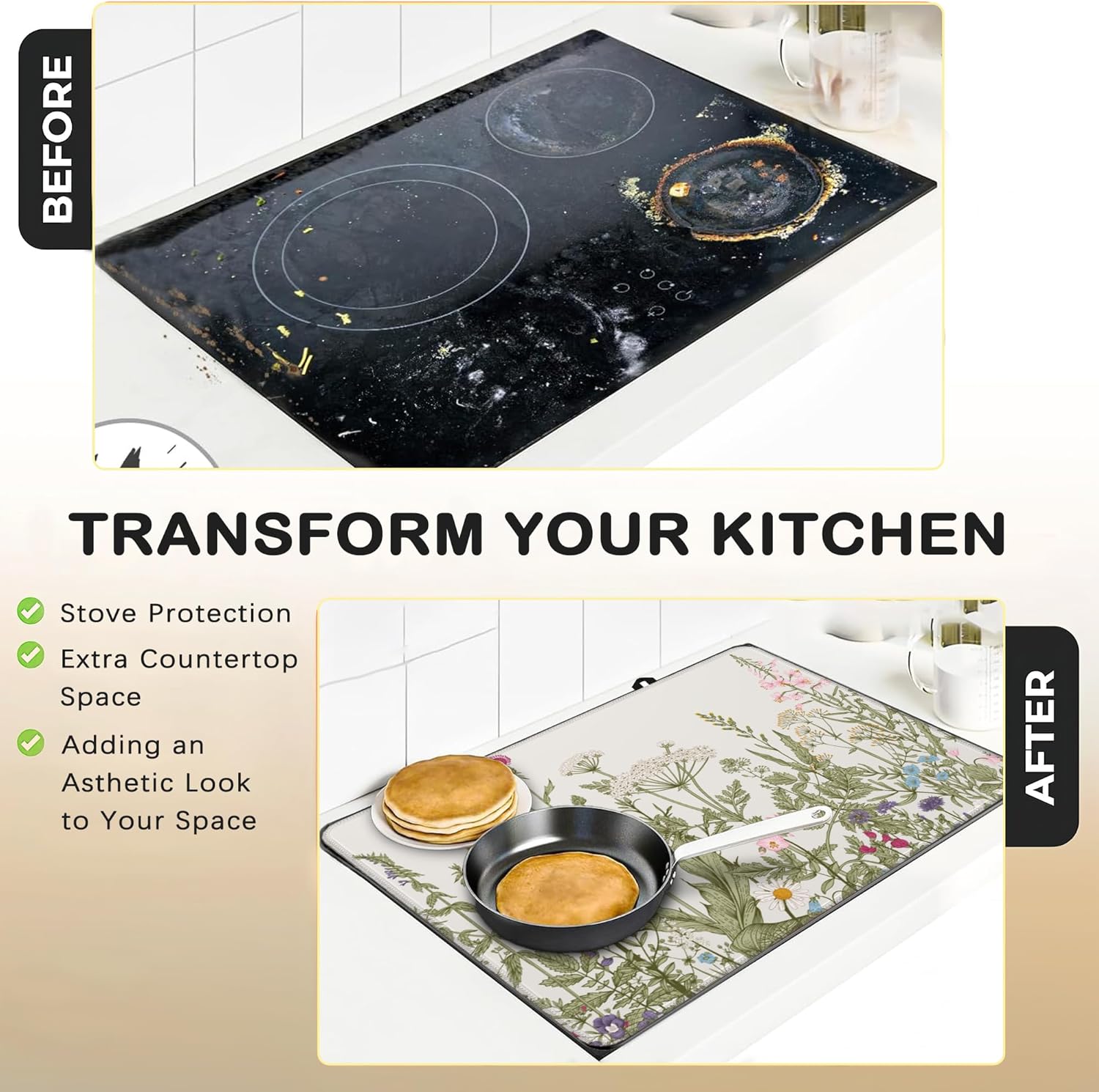 Electric Stove Top Cover Protector – Herbs and Wilds Flowers Glass Flat Top Stove Mat Oven Induction Cooktop Mat for Ceramic Countertop Mats Heat-Resistant Dish Drying Mat - Image 3