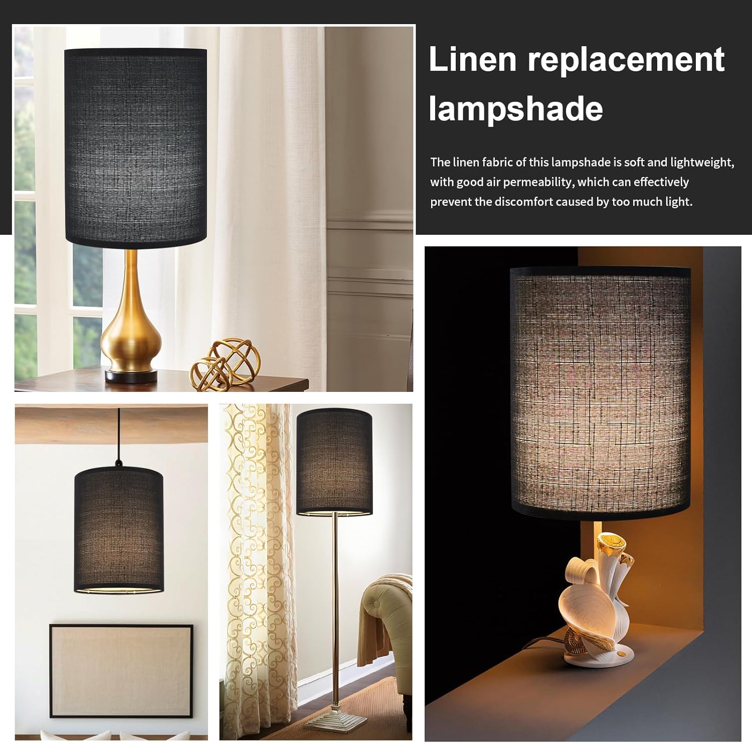 Black Linen Tall Drum Lampshade, 10" Top x 10" Bottom x 13" High Lamp Shade, Lamp Shade Replacement for Table and Floor Lamps, Pendant Light, Handcrafted Lampshade, Easy Assembly - Image 2