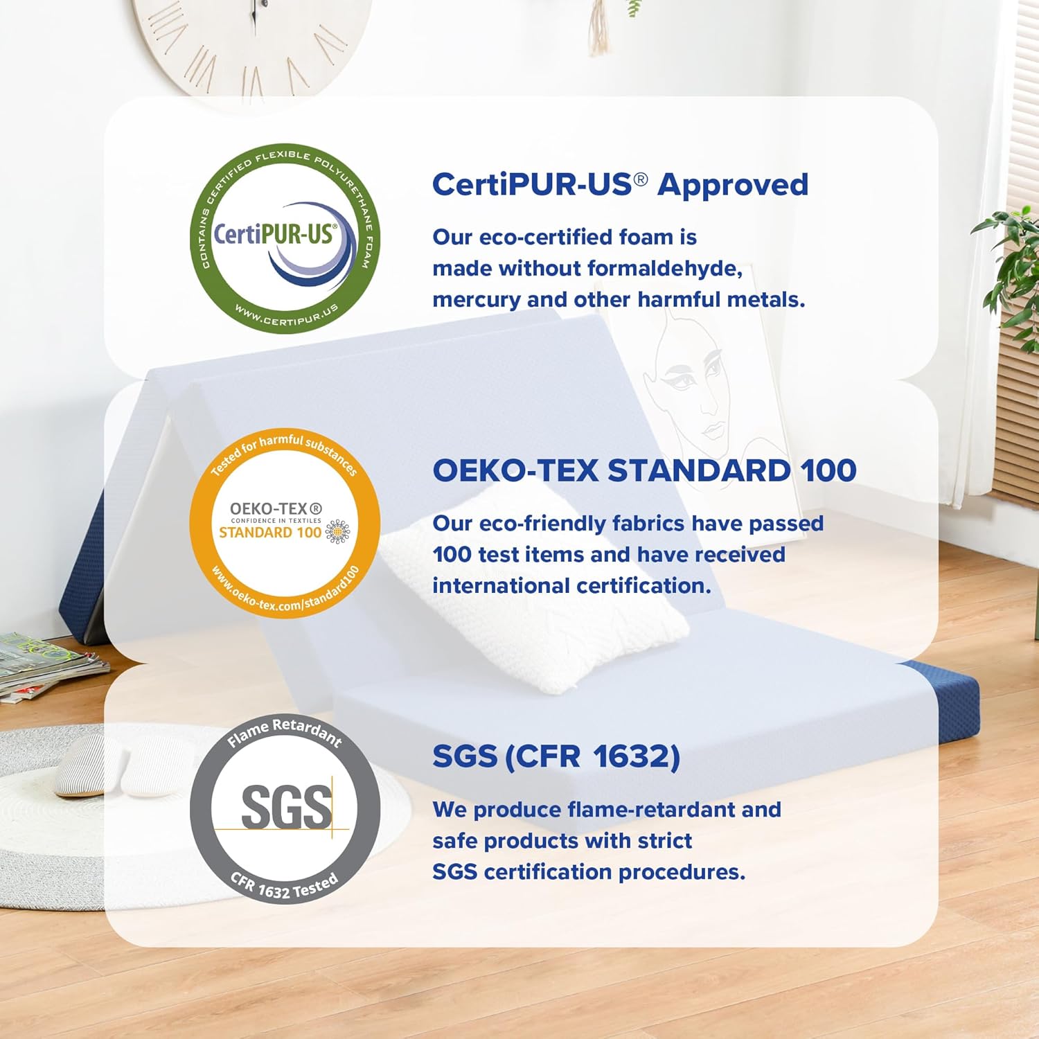 Olee Sleep Tri-Folding Memory Foam Mattress Topper, 4 Inch Gel Folding Mattress for Camping, Foldable Guest Bed, Washable Cover, CertiPUR-US Certified, Soft, Blue, Single Size - Image 8