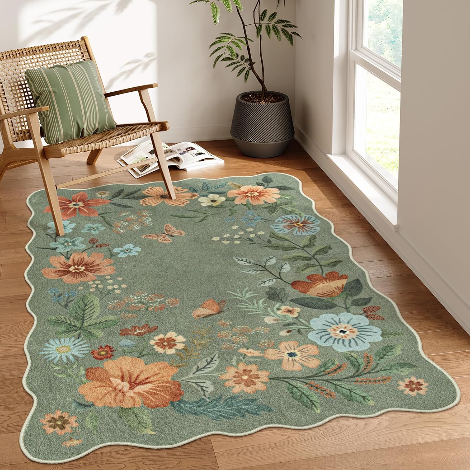Lahome Floral Washable Rugs, 4X6 Rug for Bedroom Ultra-Thin Soft Dining Room Rug, Non-Slip Living Room Rugs Stain Resistant Boho Rug Lightweight Low-Pile Throw Rug for Office (4x6ft,Green)