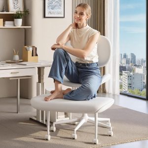 Upgraded Cross Legged Office Chair with Wheels, ADHD Chair for Adults, Wider Height Adjustable Backrest and Seat, Meditation Chair, Ergonomic & Yoga Office Chair, PU Leather, Beige, White