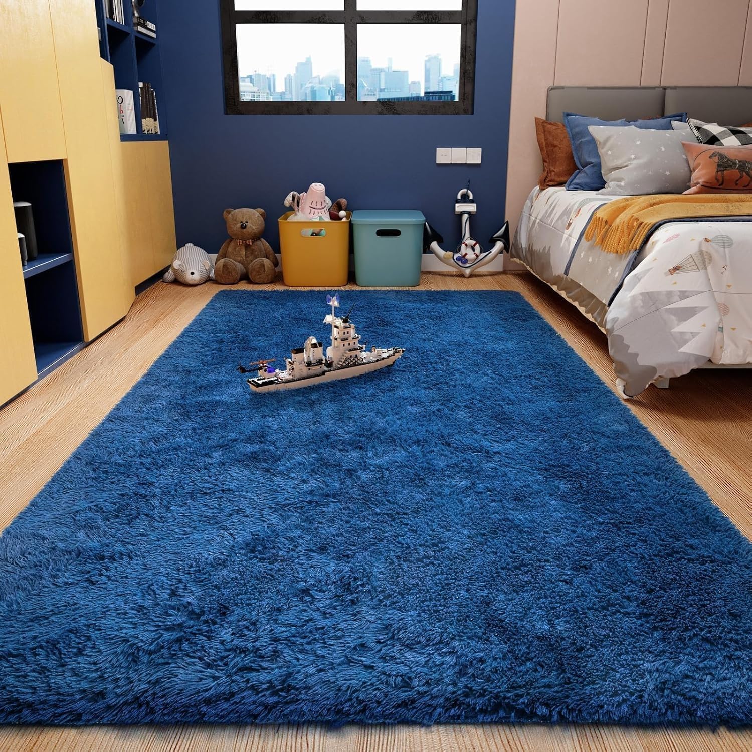 Ophanie Upgrade 4x6 Blue Rugs for Bedroom, Dark Blue Fluffy Shaggy Soft Carpet, Navy Indoor Floor Carpet for Kids Baby Boys Teen Dorm Room, Nursery,Home Decor Aesthetic
