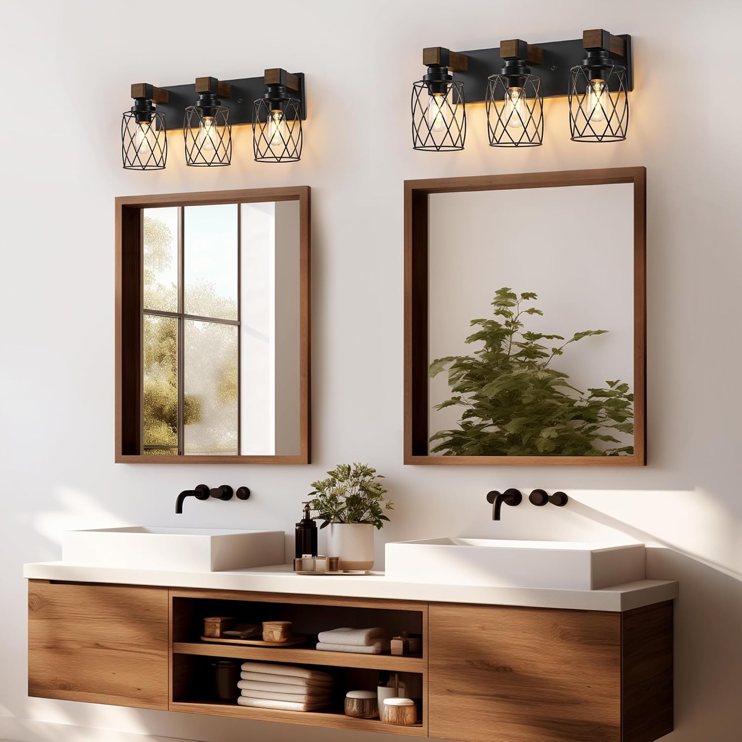 Farmhouse Bathroom Vanity Light, 3-Light Wood Bathroom Light Fixtures Over Mirror, Black Industrial Vanity Lights with Metal Shade, Rustic Bathrooms Lighting for Living Room, Bedroom, Hallway - Image 5