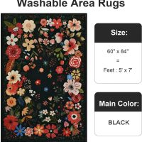 Vasofe 5x7 Rug for Bedroom,Washable Rugs for Living Room, Dining Room, Indoor Floor Mat, Floral Printed Mats for Nrusery, Farmhouse, Laundry Room,Non Slip Low Pile Soft Modern Carpet, Black - Image 5