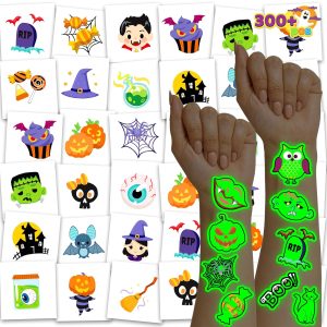 JOYIN 306 Pcs Halloween Tattoos for Kids, Glowing Temporary Tattoos in Assorted Designs Bulk for Child Trick or Treat Gifts Halloween Party Favor Decorations Goodie Bags Supplies Class Game Prizes