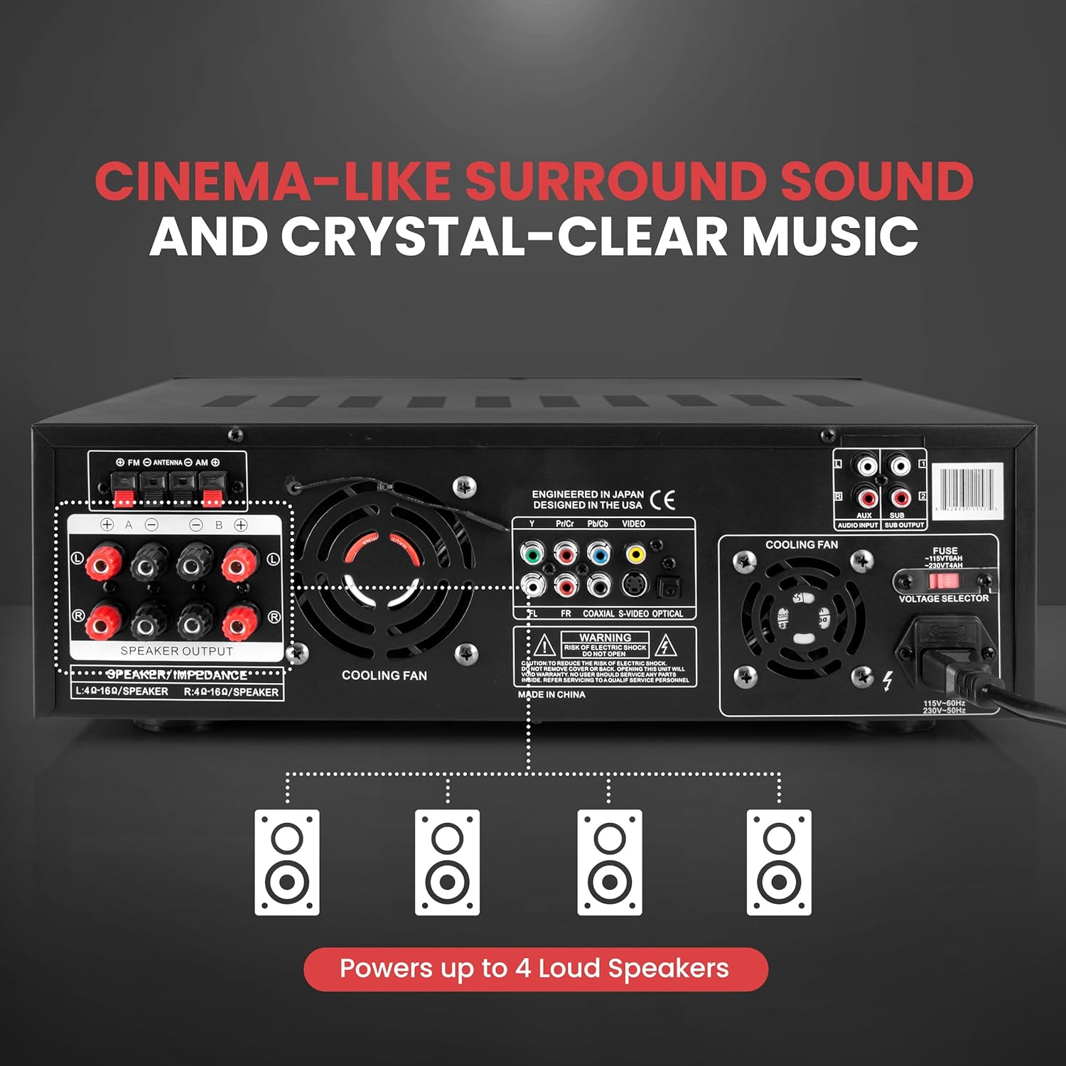 Pyle 4-Channel Wireless Bluetooth Power Amplifier - 1000W Stereo Speaker Home Audio Receiver w/ FM Radio, USB, Headphone, 2 Microphone w/ Echo, Front Loading CD DVD Player, LED, Rack Mount - PD1000BA - Image 4