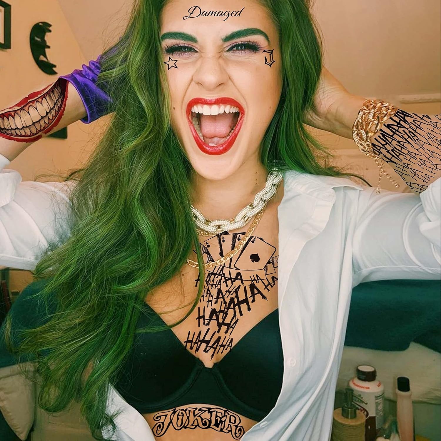 3 Sheets Joker Tattoos, Large-Size Halloween Temp Tattoo for Men, Realistic Waterproof Last-Long Fake Stickers for Suicide Squad Clown HQ Costume Cosplay Party Accessories Masquerade Makeup - Image 5