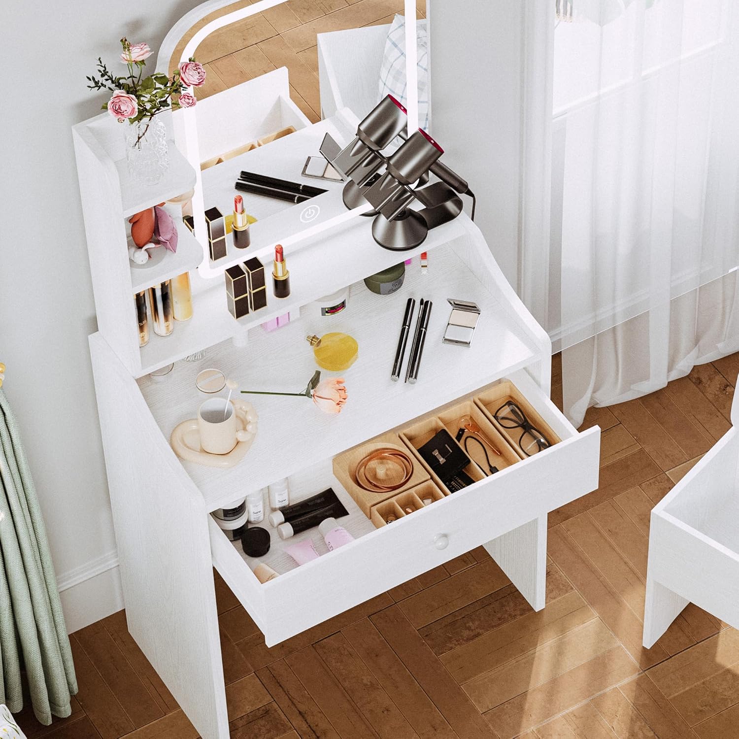 LIKIMIO Small Makeup Vanity Desk with Mirror and Lights, Vanity Table Set with Storage Drawer, Chair and Three Shelves, Bedroom, White - Image 8