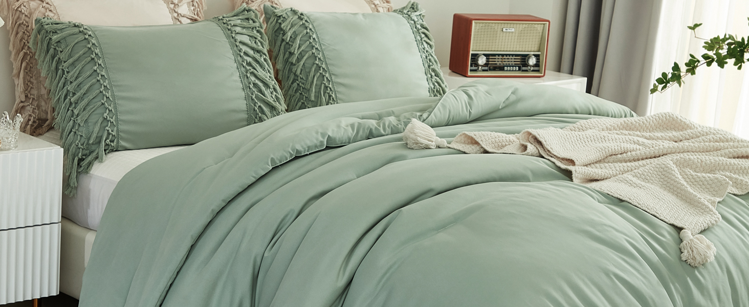 Boho Sage Green Tassel Comforter Set