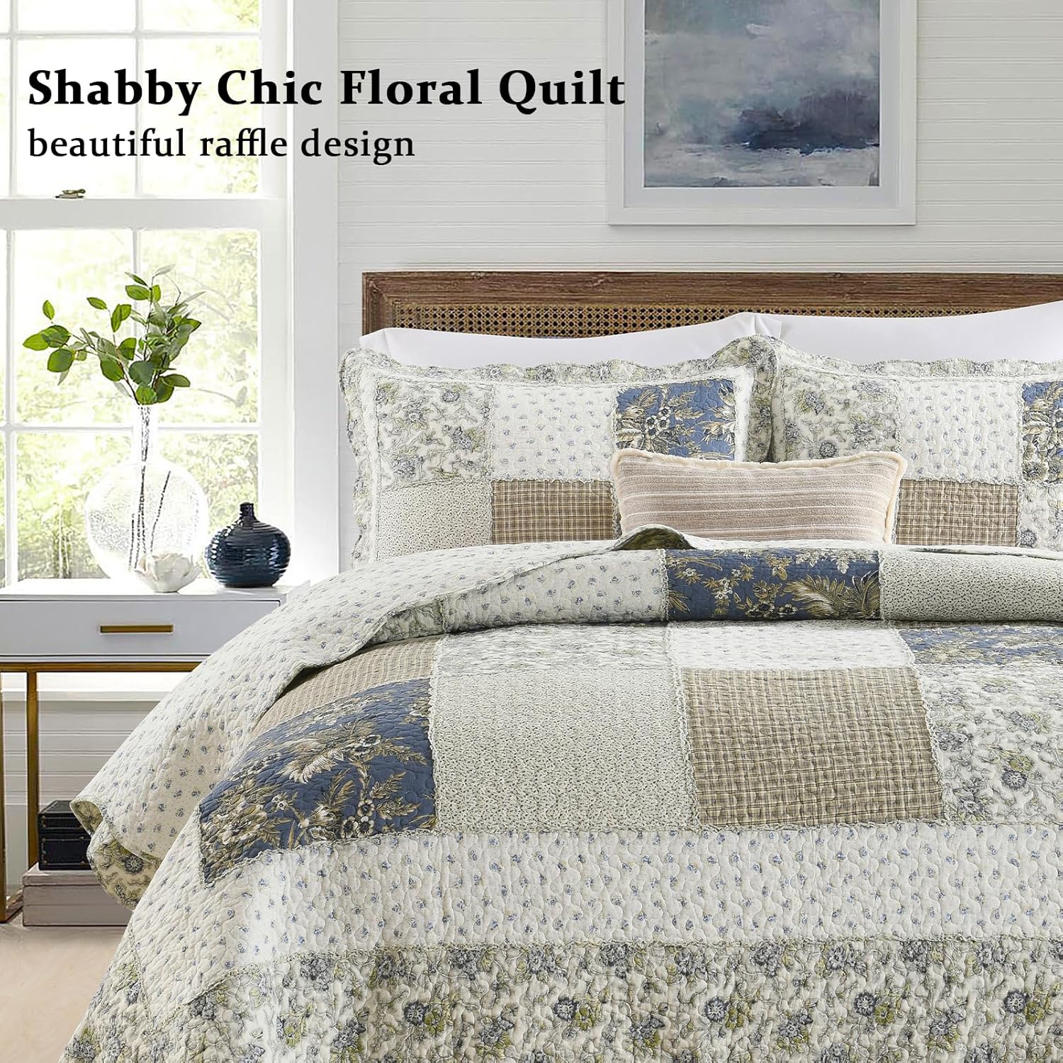 Yvooxny Quilt Set King Size Reversible Country Farmhouse Floral Real Patchwork Quilted Bedspread 3-Piece Quilt Set with Pillowcases with Ruffles for All Seasons, 96 x 108 Inches - Image 2