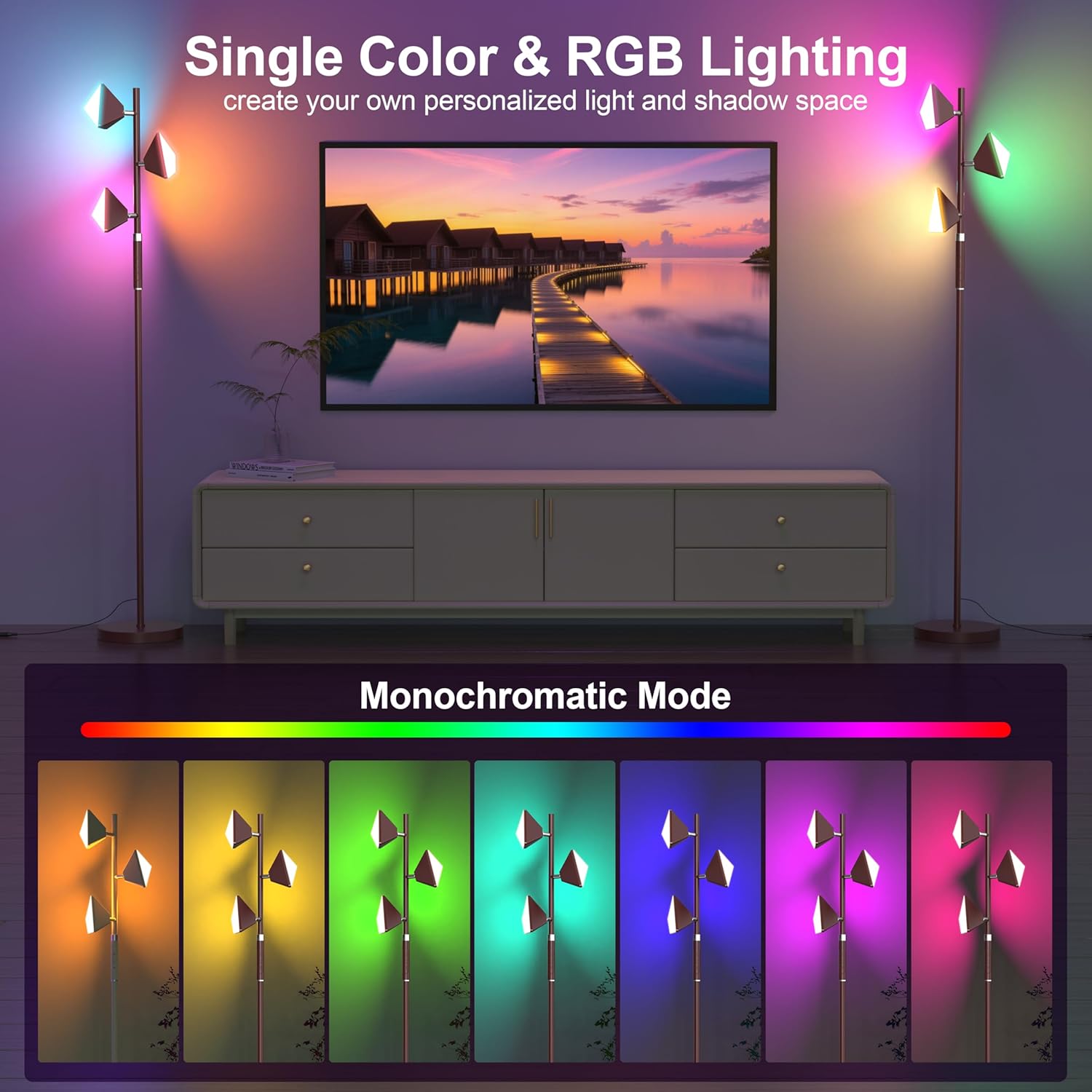 RGB Tree Floor Lamp for Living Room, Stepless Dimmable Tall Standing Lamp with Remote, Touch Control and 3 Rotatable Light, Bright LED Lights for Bedroom with 4 Color-Changing, Oil Rubbed Bronze - Image 5