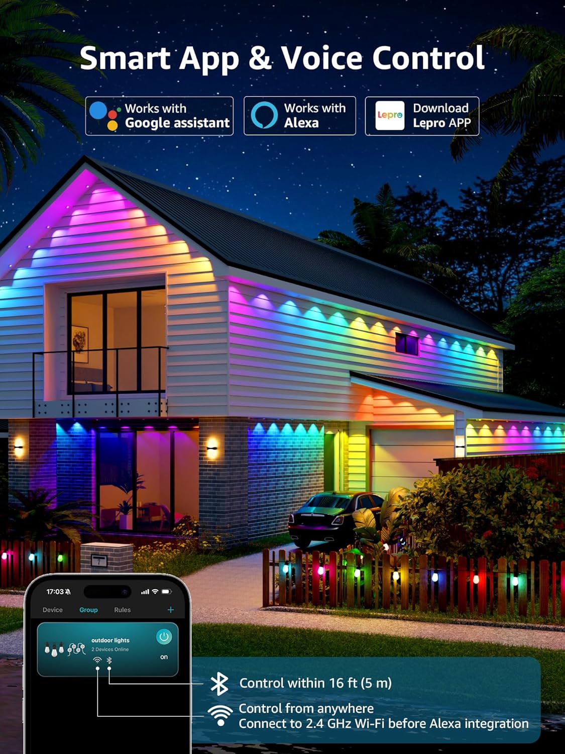 Lepro E1 AI Permanent Outdoor Lights APP Control, 100ft 60 LED Smart RGB+IC+Warm/Cool White House Eave Light for Halloween Christmas, Alexa Google Enabled, 2.4 GHz WiFi/Bluetooth, NO Remote Controller - Image 7