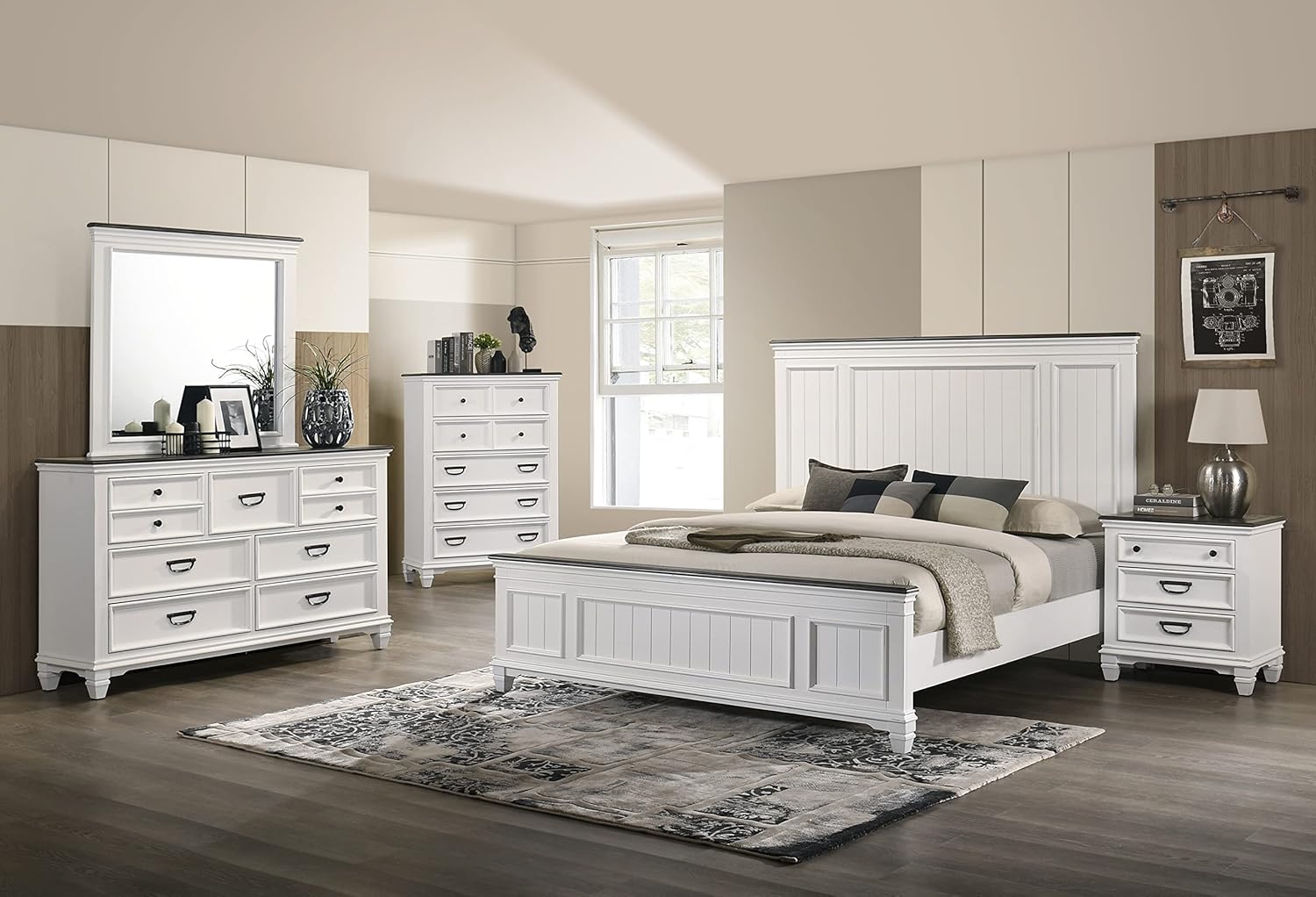 Roundhill Furniture Clelane Wood Bedroom Set with Shiplap Panel Queen Bed, Dresser, Mirror, Two Nightstands, and Chest in Weathered White and Dark Gray - Image 3