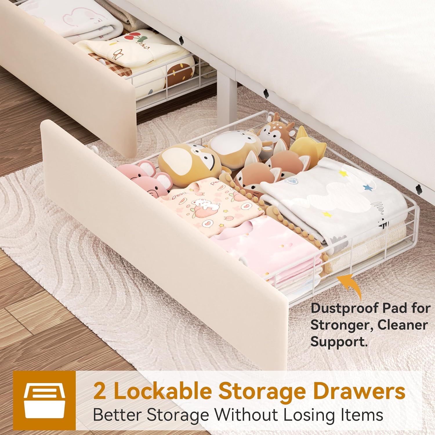 Full Upholstered LED Bed Frame with 2 Storage Drawers and 2-Tier Storage Headboard, Velvet Princess Platform Bed with Charging Station & Bookcase, Corner Bed Frame, Heavy Duty Metal Support, Beige - Image 5