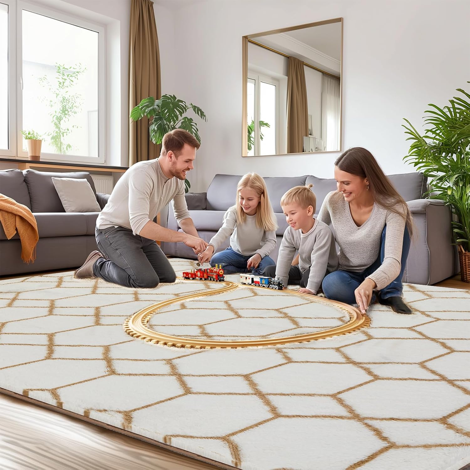 Area Rug for Living Room Bedroom, 4X6 Feet Soft Shaggy Rug, Plush Fluffy Rugs, Modern Moroccan Geometric Carpets, Anti-Skid Durable Carpet for Kids Dorm Nursery, Home Decor Aesthetic, White and Beige - Image 5