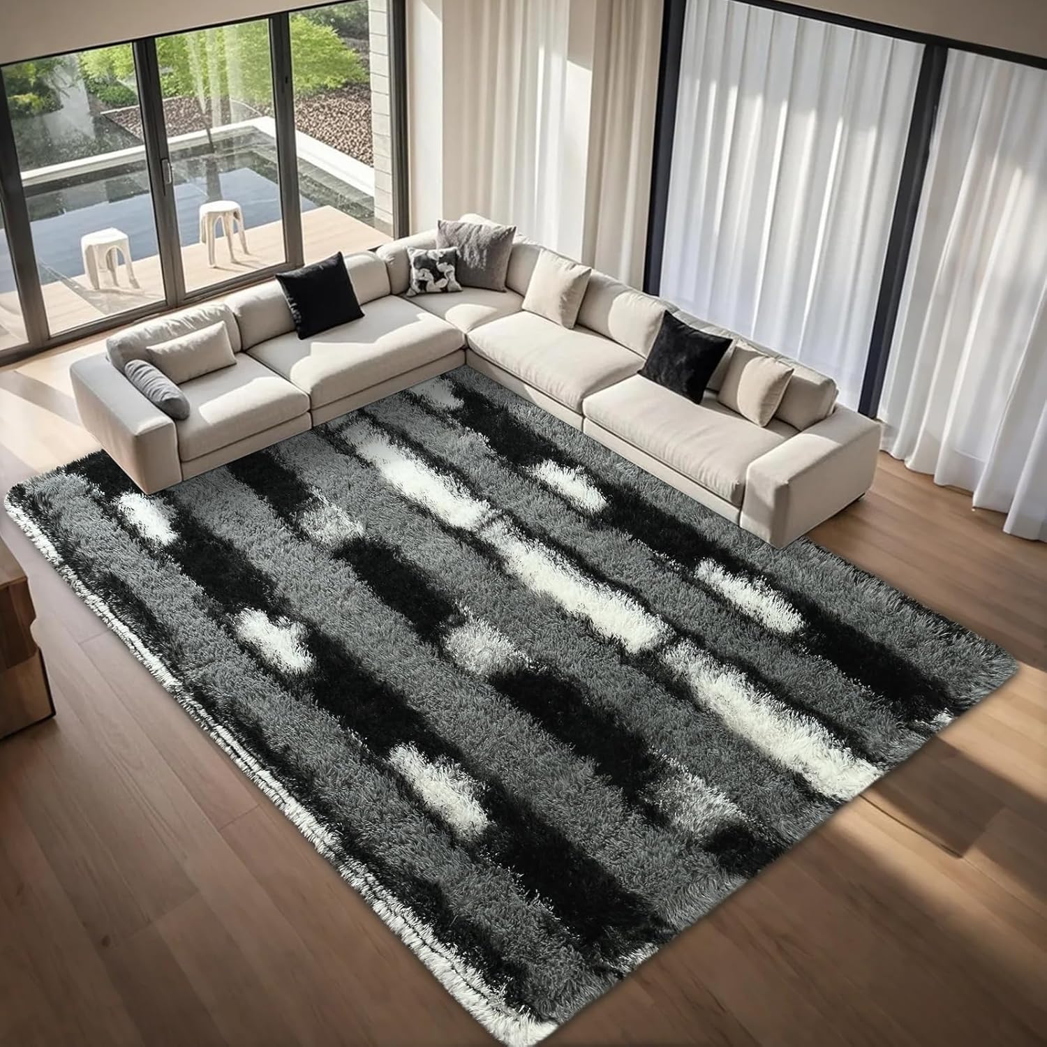 Fluffy Area Rugs for Bedroom Living Room, 4x6 Black and Grey Soft Plush Striped Rug, Modern Indoor Non Slip Washable Carpet, Furry Throw Carpets for Home Decor - Image 7