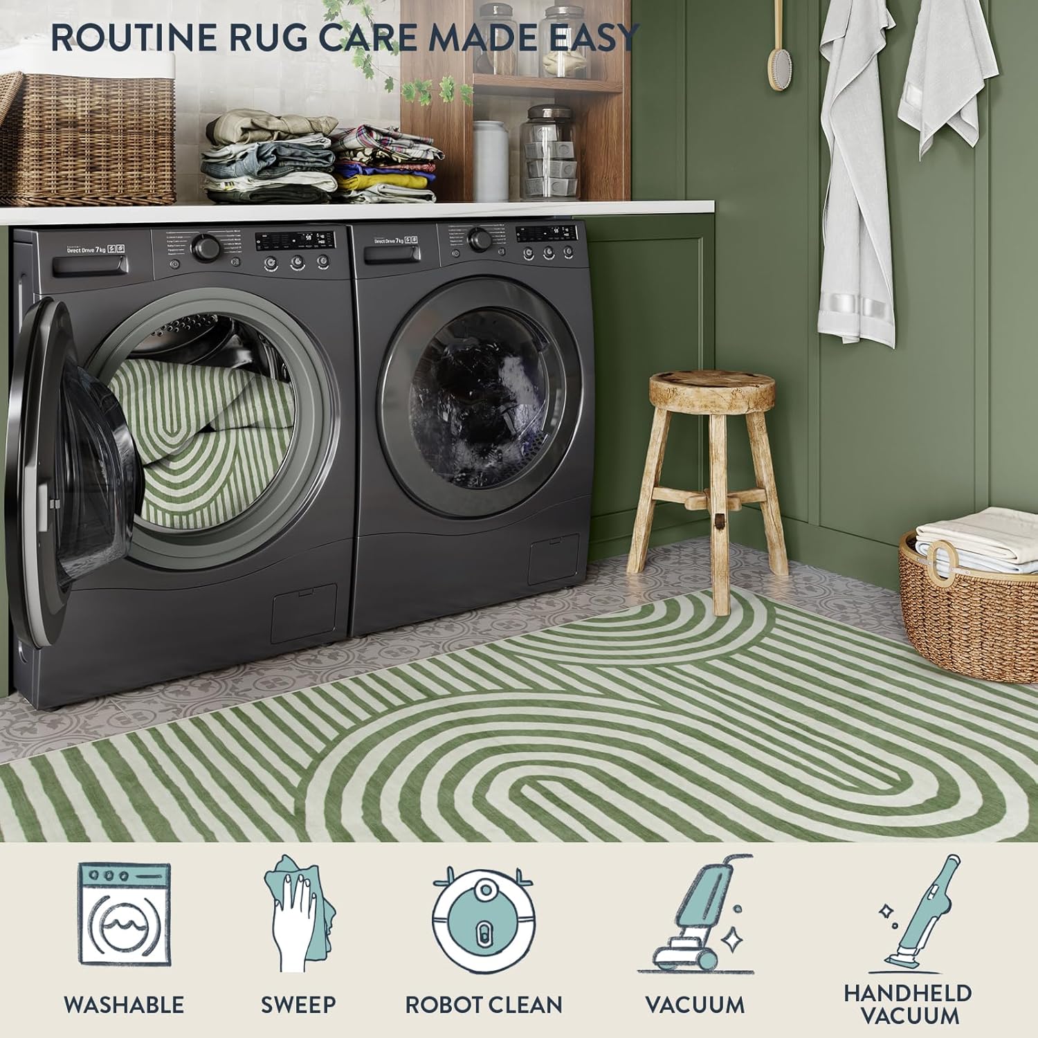 Lahome Modern 5x7 Area Rugs for Living Room - Soft Bedroom Rugs Green Washable Rugs 5x7 - Non-Slip Ultra-Thin Stain Resistance Abstract Mid Century Rug for Kids Nursery Large Playroom(5'X7',Green) - Image 5