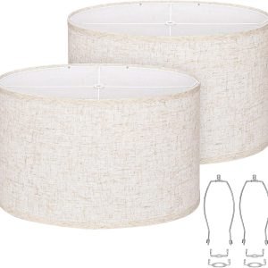 Oval Lamp Shades Set of 2, 16.5"L x 9.6"W x 11"H, Large Beige Lampshades for Table Lamps Bedside Lamps, Natural Linen Lamp Shades for Floor Lamps, Suitable for E26 Base and Saddle Base, Easy Assembly