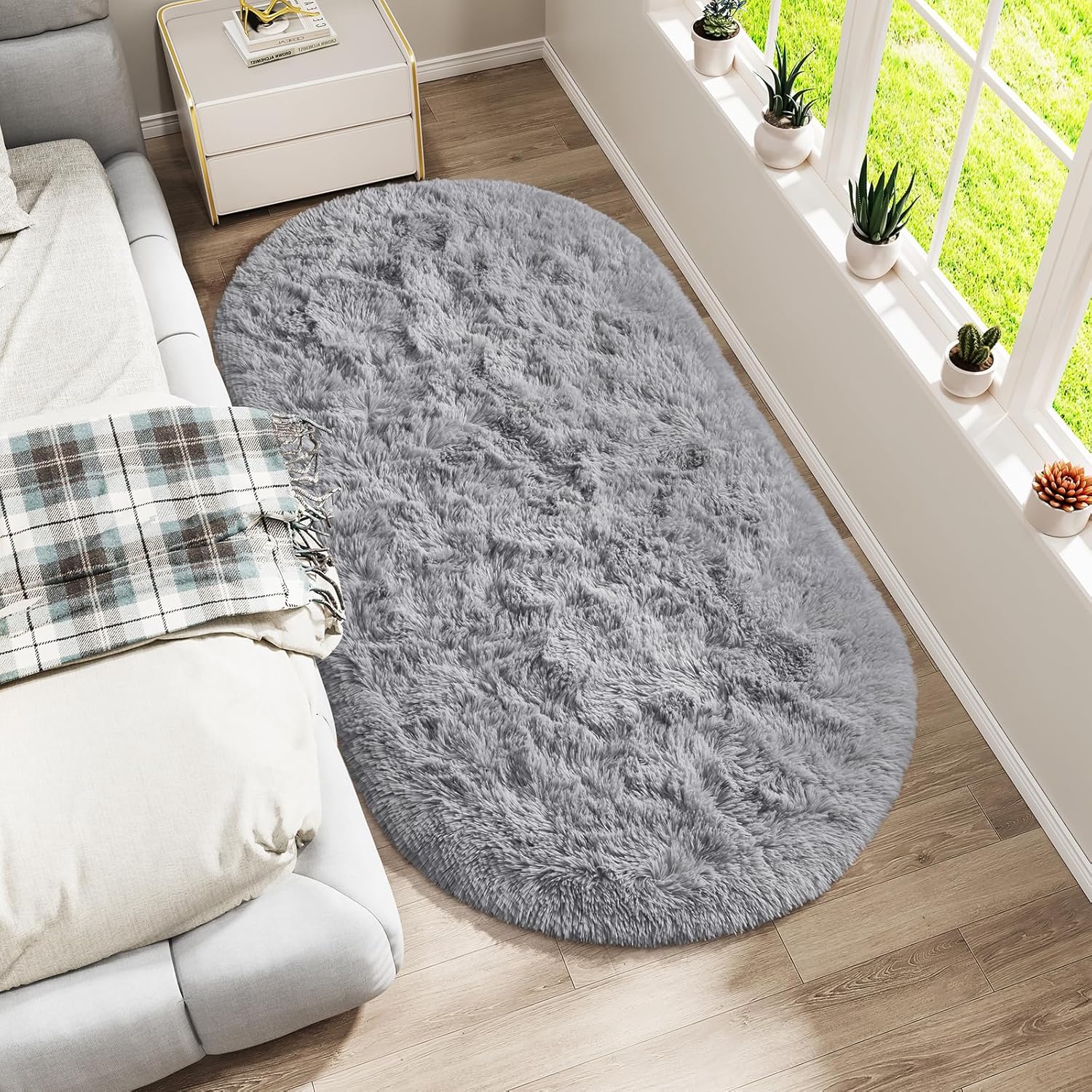 LOCHAS Bedroom Rug 2.6' x 5.3', Gray Fluffy Shaggy Area Rug for Bedroom Bedside, Soft Oval Throw Rugs Carpet for Kids Girls Nursery Living Room Home Decor - Image 3