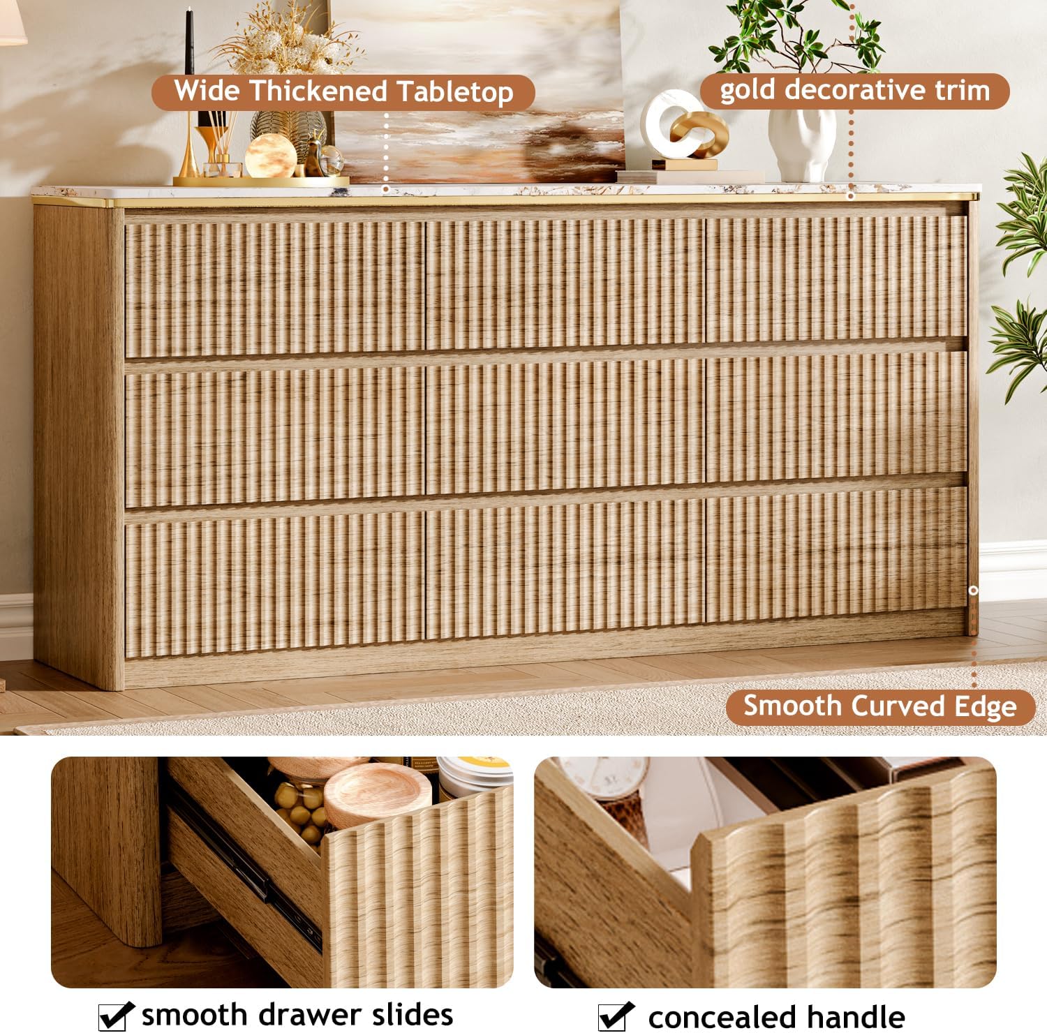 Fluted Dresser for Bedroom with 9 Drawers,62.99" Modern Chest of Drawers with Faux Marble Top, Curved Profile Design,Dresser TV Stand, Wood Drawer Organizer for Living Room, Hallway, Wood - Image 5