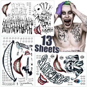 Joker Tattoos 13 Sheets,Halloween Temporary Tattoos for Men,Suicide Squad Fake Tattoo Stickers For Adults,Clown Costume Masquerade Cosplay Party Accessories Face Makeup,Large Size Waterproof