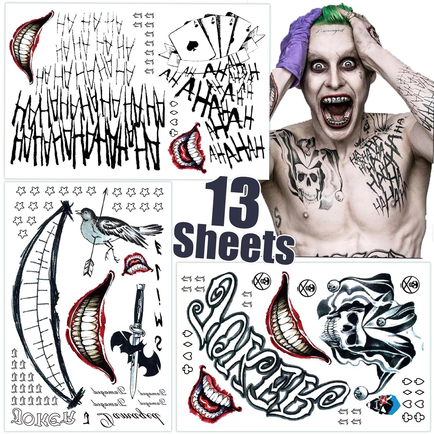 Joker Tattoos 13 Sheets,Halloween Temporary Tattoos for Men,Suicide Squad Fake Tattoo Stickers For Adults,Clown Costume Masquerade Cosplay Party Accessories Face Makeup,Large Size Waterproof