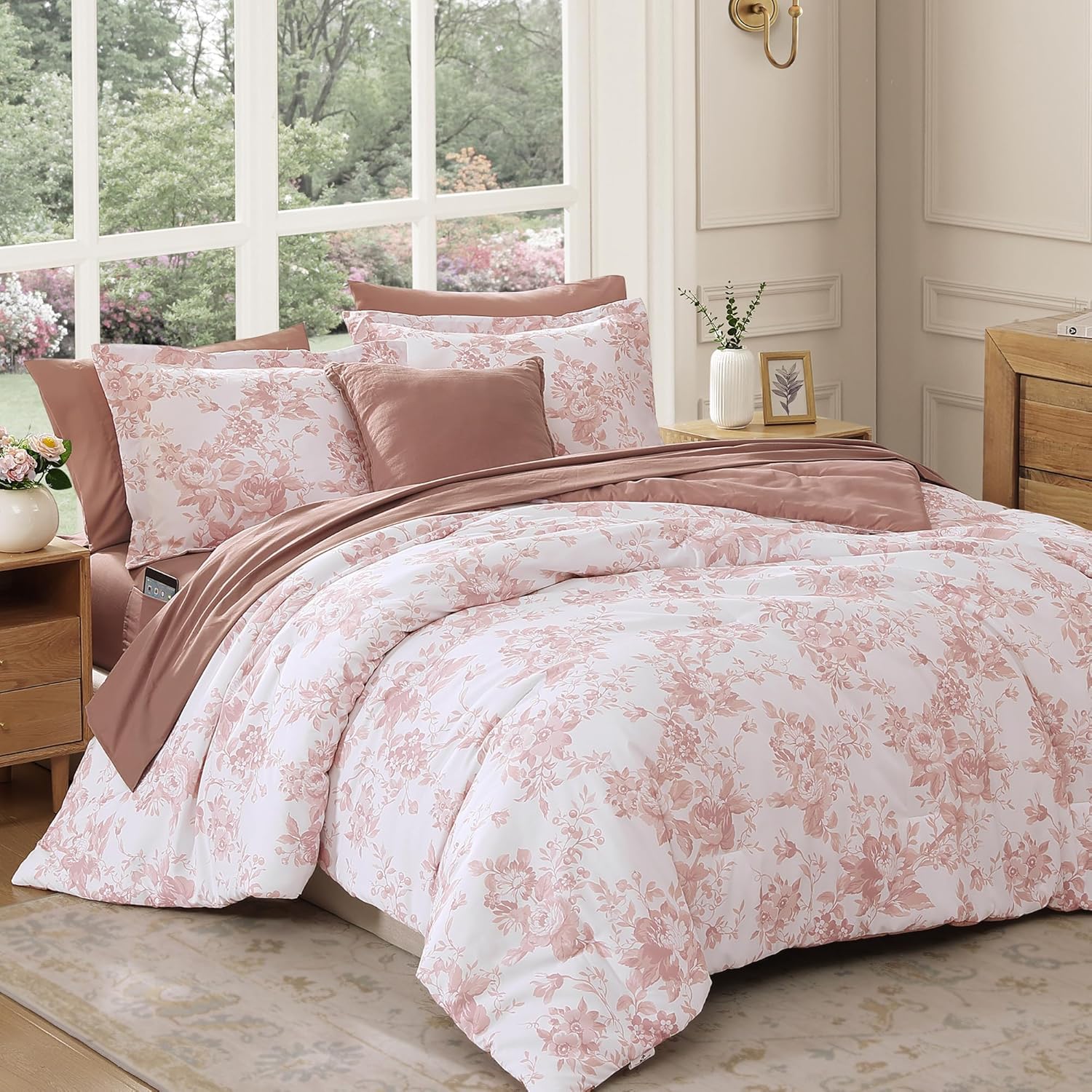 Queen Comforter Set -7 Pieces Pink Floral Comforter Set for All Seasons, Bed in a Bag Queen with Botanical Flowers Comforter, Sheets, Pillowcases & Shams - Image 9