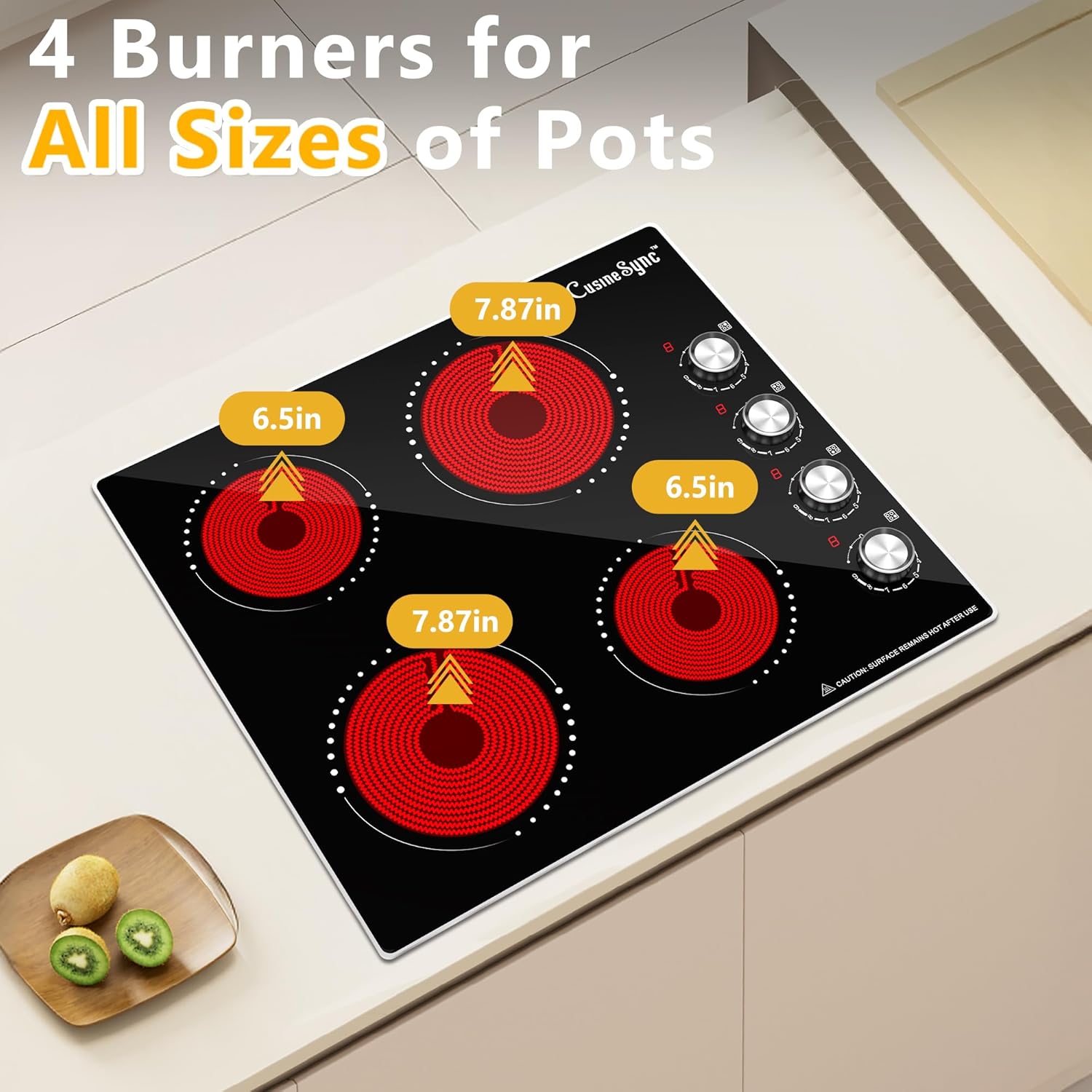 24 Inch Electric Cooktop, 4 Burner Ceramic Stove with 9 Power Levels, Knob Control, Auto shutdown and Residual Heat Warning, 6000W, 220-240V for Hard Wire - Image 5