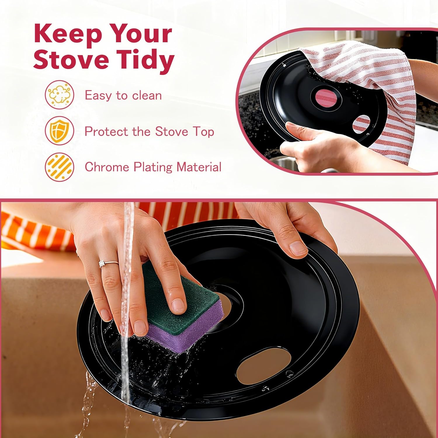 Electric Stove Drip Pans, Replacement Chrome Drip Pans for Electric Stove Compatible with Most Plug-in Electric Ranges include Black 2 * 6in and 2 * 8in (Set of 4 Burner Drip Pan) - Image 3