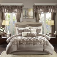 Madison Park Essentials Room in a Bag Faux Silk Comforter Set - Luxe Diamond Tufting All Season Bedding, Matching Curtains, Decorative Pillows, Taupe King(104"x92") 24 Piece - Image 16