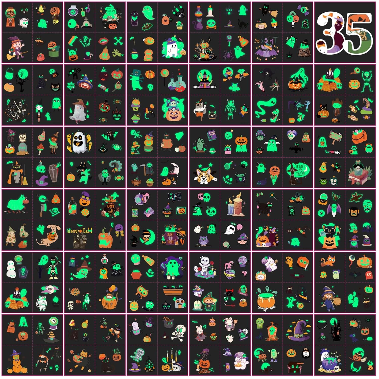 Halloween Tattoos for Kids, 35 Sheets 350+ Fun Style, Glow in the Dark Temporary Tattoos for Boys and Girls Featuring Theme Pumpkin, Skulls, Ghost, Bats, Spider, Skeleton etc, Halloween Gifts for Kids - Image 2