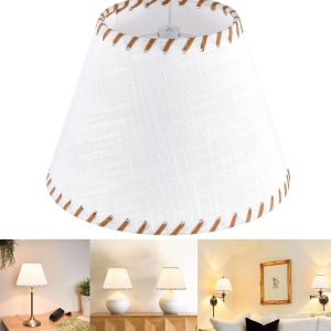 GO&SO 1 Pack White Linen Lampshades Natural Fabric Small Lamp Shades, 5"x9"x6.4" (Spider) with Stitched Brown Trim - Modern Rustic Bell Lamp Shades for Table Lamps, Wall Lamps, Bedroom, Living Room