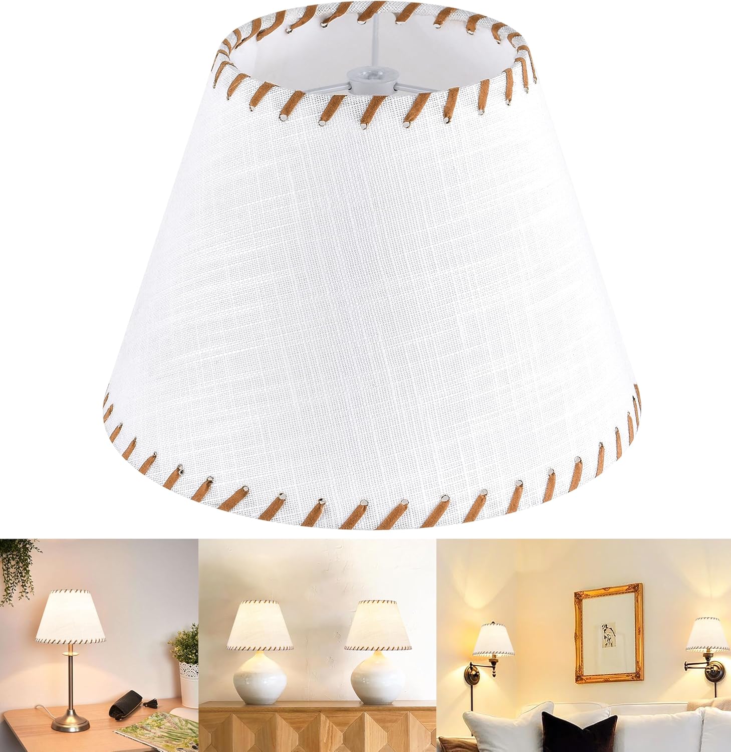 GO&SO 1 Pack White Linen Lampshades Natural Fabric Small Lamp Shades, 5"x9"x6.4" (Spider) with Stitched Brown Trim - Modern Rustic Bell Lamp Shades for Table Lamps, Wall Lamps, Bedroom, Living Room