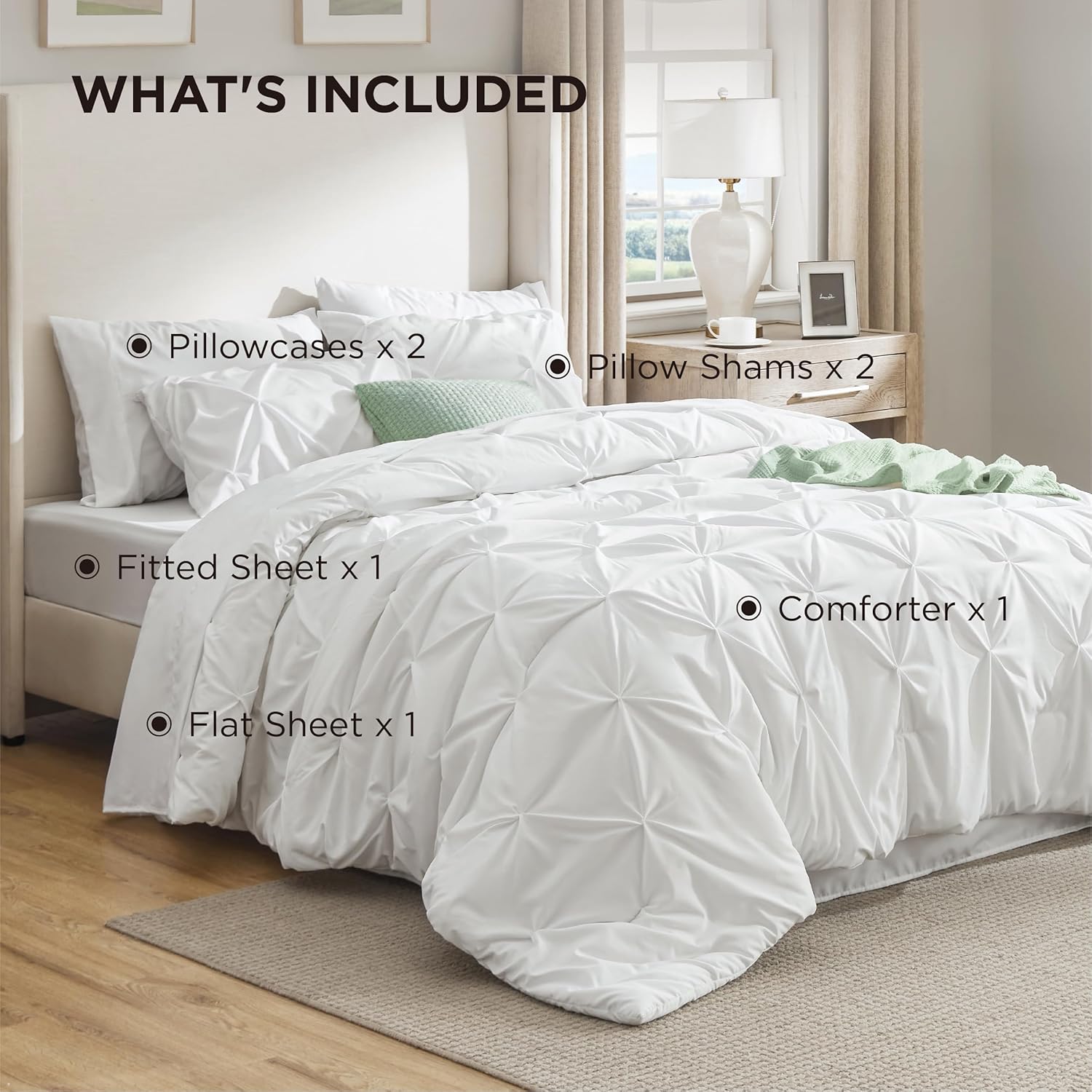 Bedsure Queen Comforter Set White - Bed in a Bag Queen Size 7 Pieces, GentleSoft™ Pintuck Bed Set Gift for Family, Pinch Pleat White Comforter with Sheets, Pillowcases & Shams - Image 9